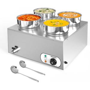 imageROVSUN Electric Soup Warmer 22QT Commercial Food Warmer Steam Table Countertop Bain Marie with Three 74QT Pots 86185F Adjustable Temperature Lid and Tap for Buffet Restaurant 1200W74 QTx4