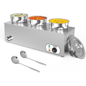 imageROVSUN Electric Soup Warmer 22QT Commercial Food Warmer Steam Table Countertop Bain Marie with Three 74QT Pots 86185F Adjustable Temperature Lid and Tap for Buffet Restaurant 1200W74 QTx3