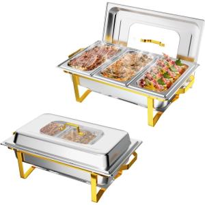 imageROVSUN Gold Chafing Dishes for Buffet 9QT Chafing Dish Buffet Set with Glass Lid Stainless Steel Buffet Servers and Warmers with Folding Frame ampamp 3 13 Size Pan for Parties Weddings Catering Events2