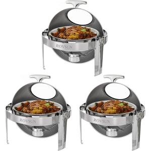 imageROVSUN Roll Top Chafing Dish Buffet Set6 Quart Round Stainless Steel Chafer for CateringBuffet Servers and Warmers Set with Glass Window for Wedding Parties Banquet EventsGraduation3 Pack