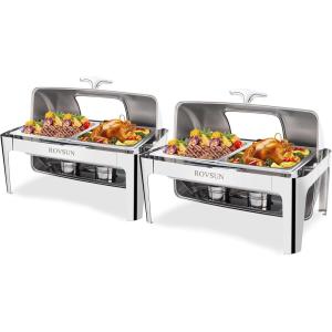 imageROVSUN Roll Top Chafing Dish Buffet SetNSF 9 Quart Rectangular Stainless Steel Chafer for CateringBuffet Servers and Warmers Set with Glass Window for Wedding Parties Banquet Events2 Half Size2 Pack