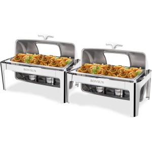 imageROVSUN Roll Top Chafing Dish Buffet SetNSF 9 Quart Rectangular Stainless Steel Chafer for CateringBuffet Servers and Warmers Set with Glass Window for Wedding Parties Banquet Events Full Size2 Pack