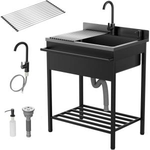 imageROVSUN Stainless Steel Utility Sink Free Standing with Faucet ampamp Draining Rack for Laundry Room Kitchen Restaurant Garage Outdoor Garden Backyard Industrial 22quotD x 308quotW x 395quotH Black