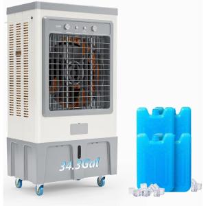 imageROVSUN 343Gal130L Commercial Swamp Cooler 9000CFM Powerful Evaporative Air Cooler 500W Strong Motor 3 Speeds 4 Ice Packs 3IN1 Humidifying Cooling Fan for Shop Factory Garage343Gal