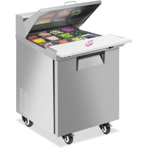 imageROVSUN 48quot W Salad Sandwich Prep Table Refrigerator ETL NSF 131 CuFt Commercial Refrigerator Salad Bar Stainless Steel w18 Pans Cutting Board Lockable Wheels Double Doors for Restaurant27 W with 12 Pans