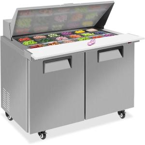 imageROVSUN 48quot W Salad Sandwich Prep Table Refrigerator ETL NSF 131 CuFt Commercial Refrigerator Salad Bar Stainless Steel w18 Pans Cutting Board Lockable Wheels Double Doors for Restaurant48 W with 18 Pans