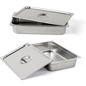 imageROVSUN 2Pack Full Size Hotel Steam Table Pan with Lid 4 Inch Deep Stainless Steel Anti Jam Pan for Party Home Commercial
