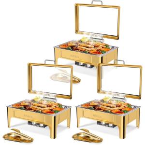 imageROVSUN 9QT Gold Chafing Dishes for Buffet 2 Pack Roll Top Chafing Dish Buffet Set Rectangular Chafers and Buffet Warmers Sets with Glass Lid ampamp Serving Tong for Parties Weddings Catering Events Lids3