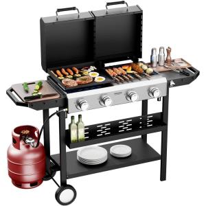 imageROVSUN 2in1 Propane Gas Grill and Griddle Combo with Lid 4 Burner Tabletop Flat Top Griddle ampamp Grill with 40000BTU Output Auto Ignition Enamel Grate for Outdoor Backyard BBQ CookingFreestanding
