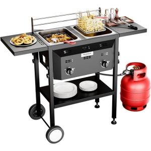 imageROVSUN Outdoor Deep Fryer with Dual 8QT Stainless Steel Tank ampamp Basket Portable Propane Gas Fryer with Rolling Cart Storage Shelves Lids ampamp Thermometer for Outdoor Backyard Cooking Frying