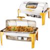 imageROVSUN 9QT Chafing Dishes for Buffet 3 Pack Roll Top Chafing Dish Buffet Set with Glass Window Elegant Gold and Silver Colors Chafers and Buffet Warmers Sets for Parties Weddings Catering EventsGold