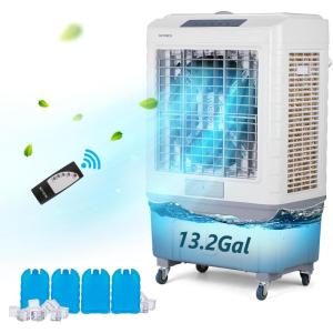 imageROVSUN 4100CFM Portable Air Cooler 132Gal50L Evaporative Swamp Cooler 3IN1 Cooling Fan with Remote Control 3 Speeds 75H Timer amp 4 Ice Box Humidifying Oscillating Fan for Indoor or Outdoor132Gal50L