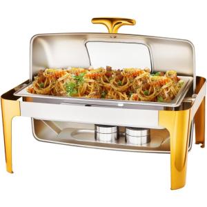 imageROVSUN 9QT Chafing Dishes for Buffet 3 Pack Roll Top Chafing Dish Buffet Set with Glass Window Elegant Gold and Silver Colors Chafers and Buffet Warmers Sets for Parties Weddings Catering EventsGold