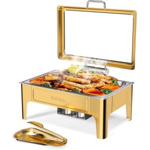 imageROVSUN 9QT Chafing Dishes for Buffet3 Pack Roll Top Chafing Dish Buffet SetRectangular Chafers and Buffet Warmers Sets with Glass Lid amp Serving Tong for Parties Weddings Catering Events Rose GoldGold