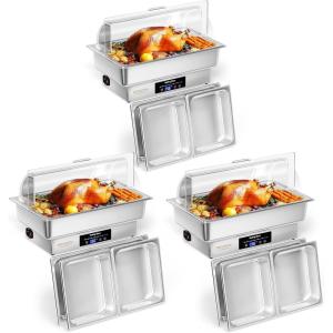 imageROVSUN 9QT Electric Chafing Dishes for Buffet with Temperature Control Display Chafing Dish Buffet Set Stainless Steel Chafers with Glass Window Full amp Half Size Pan for Party CateringPC Lid 3Pack
