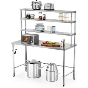 imageROVSUN Open Base Stainless Steel Table with Overshelves 60 X 24 NSF Commercial Heavy Duty Pre Table with Adjustable Undershelf amp Detachable Hooks for Kitchen Restaurant60 x 24