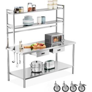 imageROVSUN Stainless Steel Table with Wheels amp Overshelves 48 X 24 NSF Commercial Heavy Duty Pre Table with Drawers amp Adjustable UndershelfMetal Table with Detachable Hooks for Kitchen Restaurant60 x 24