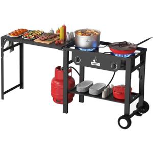 imageROVSUN 2 Burner Outdoor Propane Gas Stove with Foldable Work Station Autoignition amp Regulator 150000 BTU Powerful Camping Burner with Portable Wheels for Backyard Patio Cooking Brewing Frying