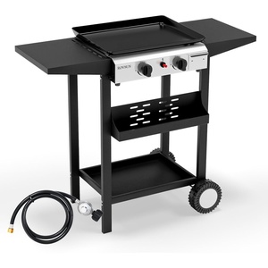 image:imageROVSUN 2 Burner Portable Propane Griddle with Electronic Ignition 20000 BTU Rolling Flat Top Gas Grill with Nonstick Enameled Tray Side Shelves amp Regulator for Outdoor Cooking Camping BBQ Tailgating2 burner wih cart
