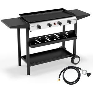 image:imageROVSUN 2 Burner Portable Propane Griddle with Electronic Ignition 20000 BTU Rolling Flat Top Gas Grill with Nonstick Enameled Tray Side Shelves amp Regulator for Outdoor Cooking Camping BBQ Tailgating4 burner with cart