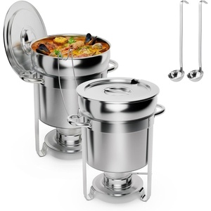 image:imageROVSUN 11QT Soup Chafer for Buffet 4 Pack100 PreInstalled Stainless Steel Round Soup Warmer with Upgraded Lid Holder amp Ladle Elegant Gold amp Silver ColorSoup Chafing Dish for Parties WeddingSilver